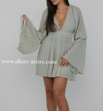 "Enchanted Meadow" Pleated Grey Green Open V-Neck Dress with Ruffled Sleeves