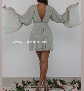 "Enchanted Meadow" Pleated Grey Green Open V-Neck Dress with Ruffled Sleeves