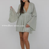 "Enchanted Meadow" Pleated Grey Green Open V-Neck Dress with Ruffled Sleeves