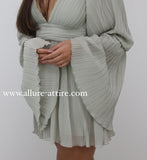 "Enchanted Meadow" Pleated Grey Green Open V-Neck Dress with Ruffled Sleeves