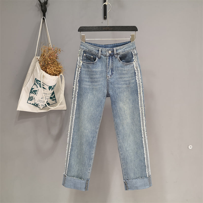 " Celebrity worn-out side webbing pipe cropped pants- loose casual jeans ".