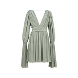 "Enchanted Meadow" Pleated Grey Green Open V-Neck Dress with Ruffled Sleeves