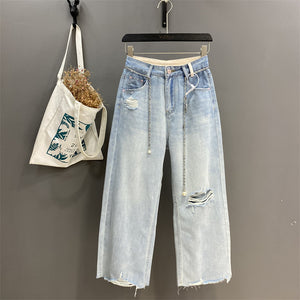 "Light blue thin ripped loose cut wide-leg jeans".