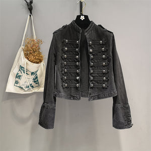 "Vintage court style, buttoned decorative long sleeve denim short jacket with up collar"