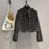 "Vintage court style, buttoned decorative long sleeve denim short jacket with up collar"