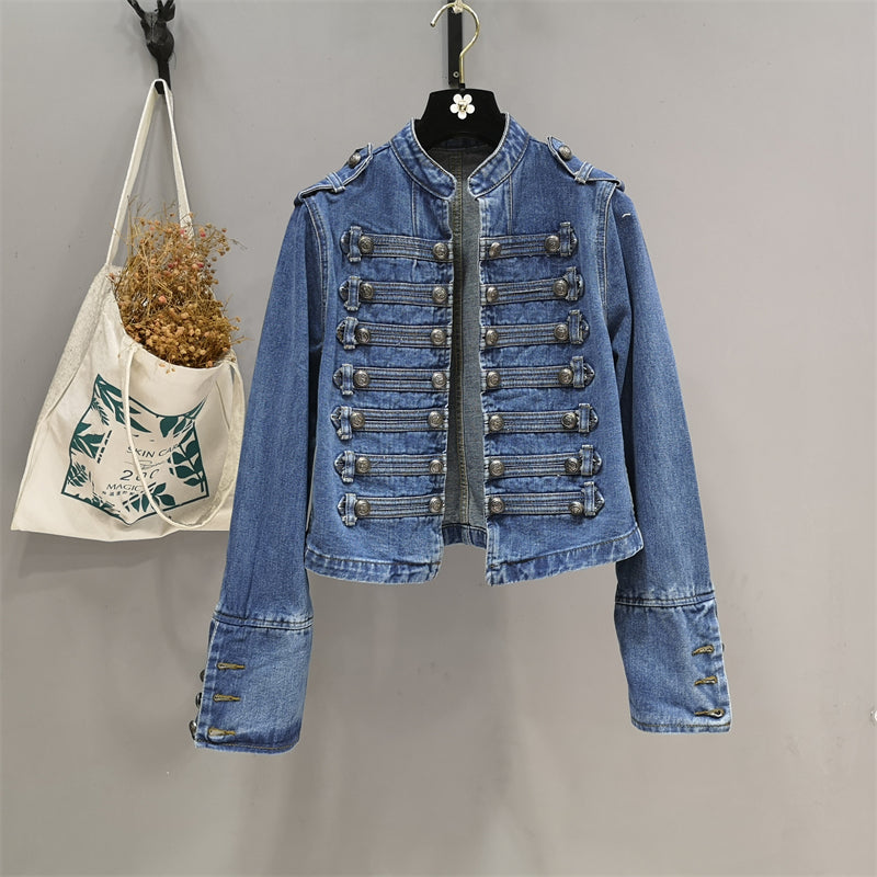 "Vintage court style, buttoned decorative long sleeve denim short jacket with up collar"