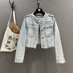 "Frayed slim short style, long sleeves denim Jacket with round neck."