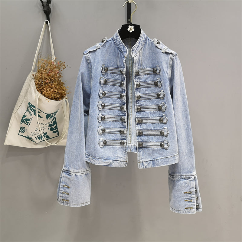 "Vintage court style, buttoned decorative long sleeve denim short jacket with up collar"