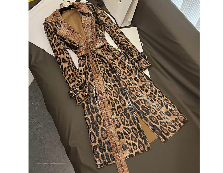 Snakeskin, leopard print, long trench coat