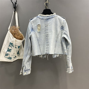 "Frayed slim short style, long sleeves denim Jacket with round neck."