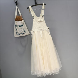 "Super fairy, midi length, mesh panels, puffy swing slip-denim dress".