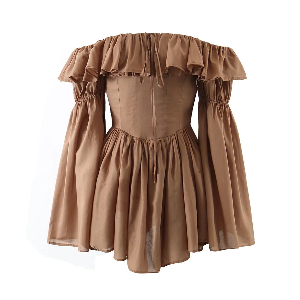 ‘Cinnamon Spice’ Off-Shoulder Ruffle Sleeves Beach Dress.