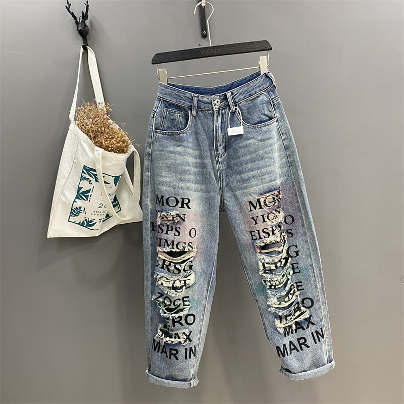 "Vintage printed ripped daddy style, street loose fit pants-jeans".