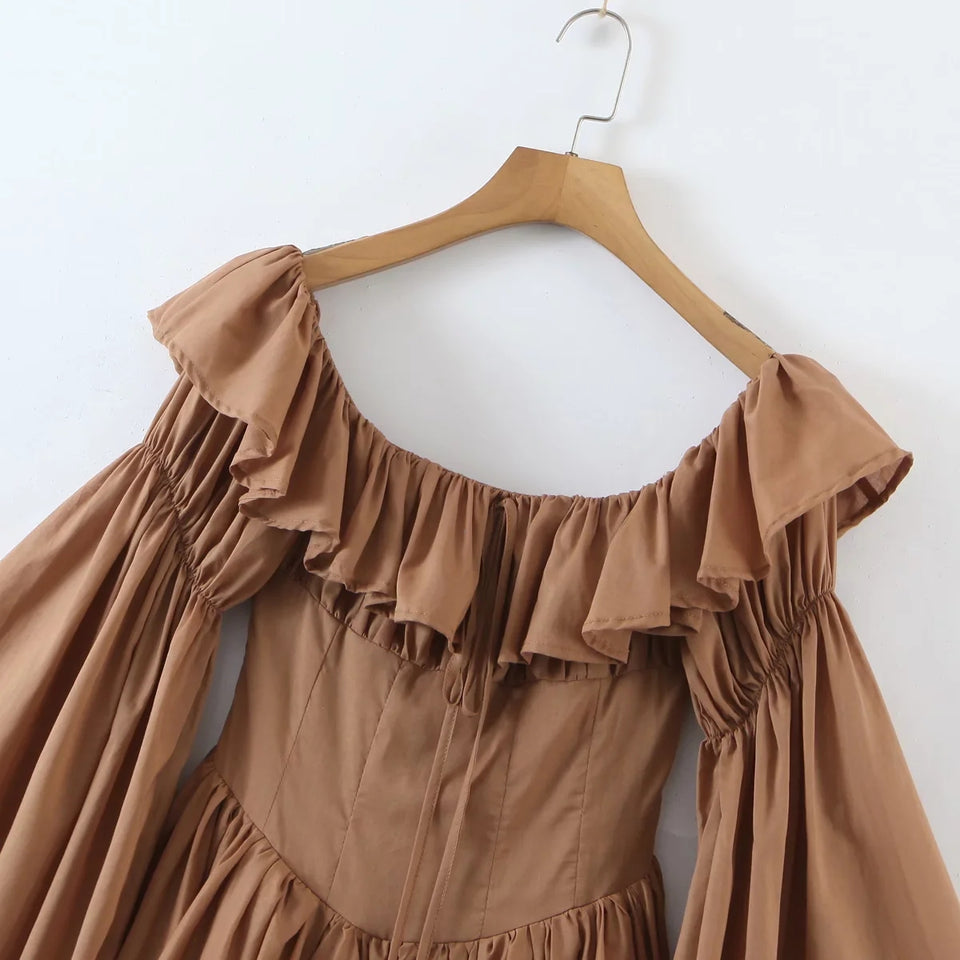 ‘Cinnamon Spice’ Off-Shoulder Ruffle Sleeves Beach Dress.