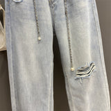 "Light blue thin ripped loose cut wide-leg jeans".