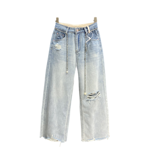 "Light blue thin ripped loose cut wide-leg jeans".