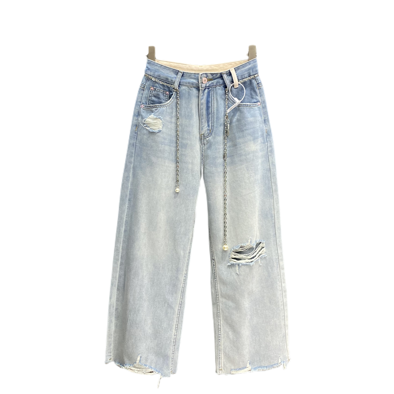 "Light blue thin ripped loose cut wide-leg jeans".