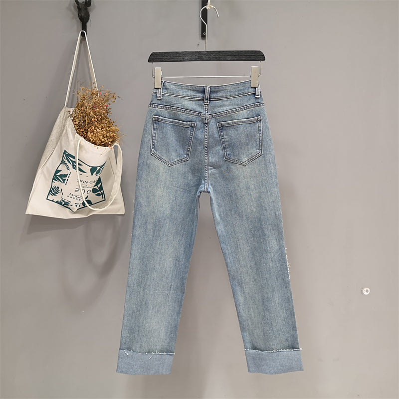 " Celebrity worn-out side webbing pipe cropped pants- loose casual jeans ".