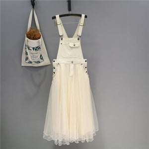 "Super fairy, midi length, mesh panels, puffy swing slip-denim dress".