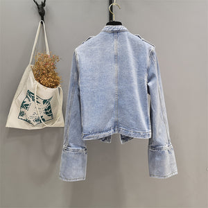 "Vintage court style, buttoned decorative long sleeve denim short jacket with up collar"