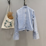 "Vintage court style, buttoned decorative long sleeve denim short jacket with up collar"