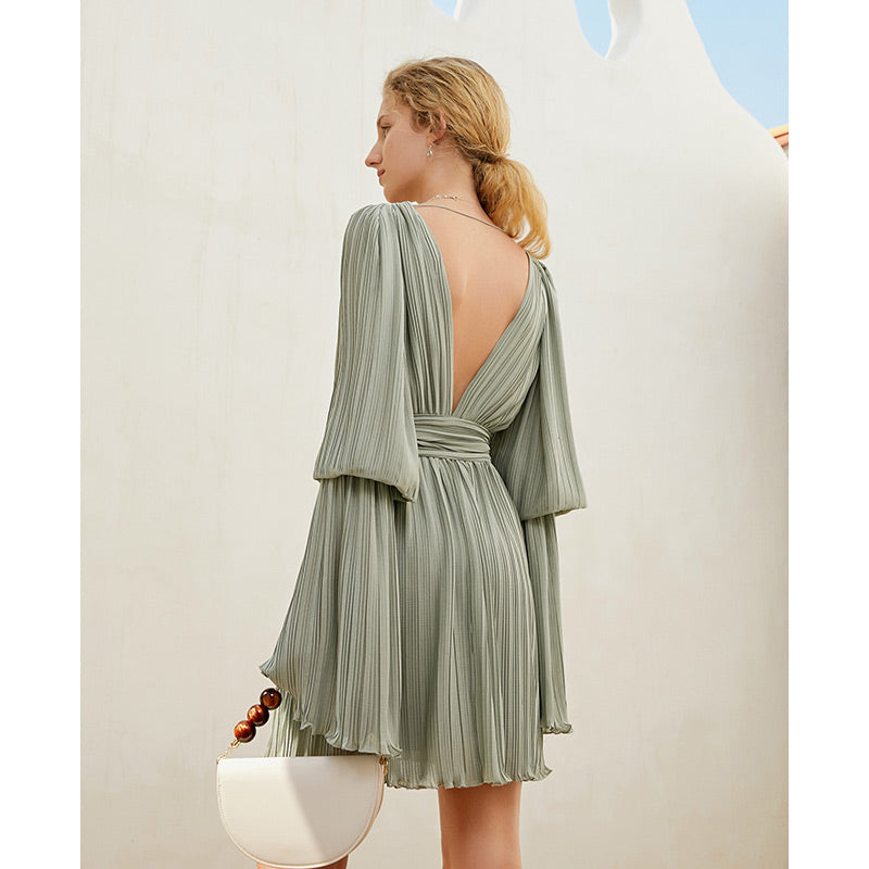 "Enchanted Meadow" Pleated Grey Green Open V-Neck Dress with Ruffled Sleeves