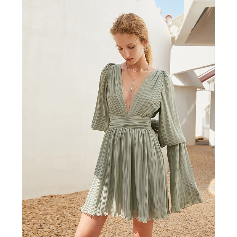 "Enchanted Meadow" Pleated Grey Green Open V-Neck Dress with Ruffled Sleeves