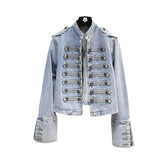 "Vintage court style, buttoned decorative long sleeve denim short jacket with up collar"