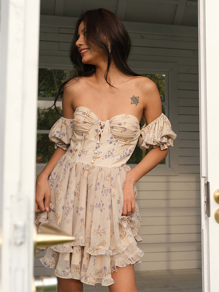 "Celestial Charm" flared chiffon summer off shoulder dress