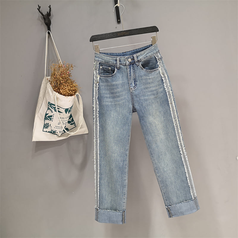 " Celebrity worn-out side webbing pipe cropped pants- loose casual jeans ".